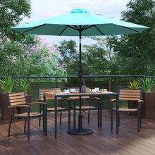 Load image into Gallery viewer, 7 Piece Table Set with 4 Stackable Chairs, 30" x 48" Table, Teal Umbrella, Base
