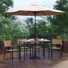 Load image into Gallery viewer, 7 Piece Table Set with 4 Stackable Chairs, 30" x 48" Table, Tan Umbrella, Base
