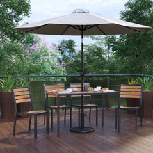 Load image into Gallery viewer, 7 Piece Patio Set - 4 Stacking Chairs, 30" x 48" Table, Gray Umbrella, Base
