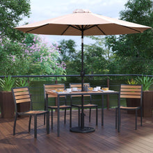 Load image into Gallery viewer, 7 Piece Patio Set - 4 Stacking Chairs, 30" x 48" Table, Tan Umbrella, Base

