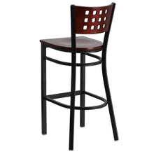 Load image into Gallery viewer, Black Cutout Back Metal Restaurant Barstool - Mahogany Wood Back &amp; Seat
