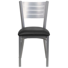 Load image into Gallery viewer, Silver Slat Back Metal Restaurant Chair - Black Vinyl Seat
