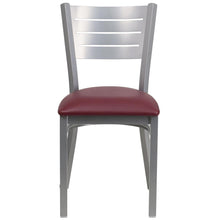 Load image into Gallery viewer, Silver Slat Back Metal Restaurant Chair - Burgundy Vinyl Seat
