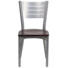 Load image into Gallery viewer, Silver Slat Back Metal Restaurant Chair - Mahogany Wood Seat
