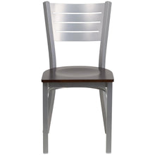 Load image into Gallery viewer, Silver Slat Back Metal Restaurant Chair - Walnut Wood Seat
