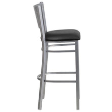 Load image into Gallery viewer, Silver Slat Back Metal Restaurant Barstool - Black Vinyl Seat
