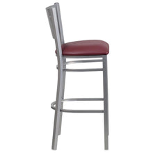 Load image into Gallery viewer, Silver Slat Back Metal Restaurant Barstool - Burgundy Vinyl Seat

