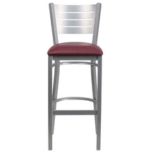 Load image into Gallery viewer, Silver Slat Back Metal Restaurant Barstool - Burgundy Vinyl Seat
