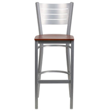 Load image into Gallery viewer, Silver Slat Back Metal Restaurant Barstool - Cherry Wood Seat
