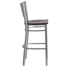 Load image into Gallery viewer, Silver Slat Back Metal Restaurant Barstool - Mahogany Wood Seat
