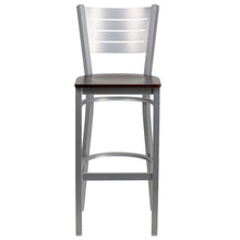 Load image into Gallery viewer, Silver Slat Back Metal Restaurant Barstool - Mahogany Wood Seat
