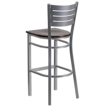 Load image into Gallery viewer, Silver Slat Back Metal Restaurant Barstool - Walnut Wood Seat
