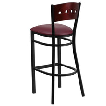 Load image into Gallery viewer, Black 4 Back Metal Restaurant Barstool - Mahogany Wood Back, Burgundy Vinyl Seat
