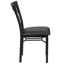 Load image into Gallery viewer, Vertical Back Black Metal and Walnut Wood Restaurant Chair with Black Vinyl Seat
