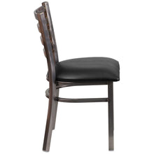 Load image into Gallery viewer, Clear Coated Ladder Back Metal Restaurant Chair - Black Vinyl Seat
