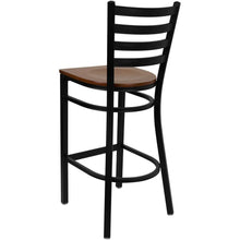 Load image into Gallery viewer, Black Ladder Back Metal Restaurant Barstool - Cherry Wood Seat
