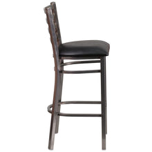 Load image into Gallery viewer, Clear Coated Ladder Back Metal Restaurant Barstool - Black Vinyl Seat
