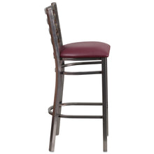 Load image into Gallery viewer, Clear Coated Ladder Back Metal Restaurant Barstool - Burgundy Vinyl Seat
