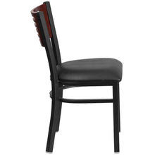 Load image into Gallery viewer, Black Slat Back Metal Restaurant Chair - Mahogany Wood Back, Black Vinyl Seat
