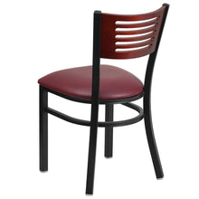 Load image into Gallery viewer, Black Slat Back Metal Restaurant Chair - Mahogany Wood Back, Burgundy Vinyl Seat
