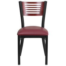 Load image into Gallery viewer, Black Slat Back Metal Restaurant Chair - Mahogany Wood Back, Burgundy Vinyl Seat
