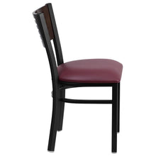 Load image into Gallery viewer, Black Slat Back Metal Restaurant Chair - Walnut Wood Back, Burgundy Vinyl Seat
