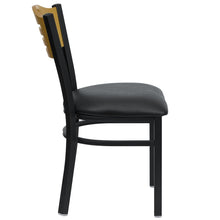 Load image into Gallery viewer, Black Slat Back Metal Restaurant Chair - Natural Wood Back, Black Vinyl Seat
