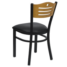 Load image into Gallery viewer, Black Slat Back Metal Restaurant Chair - Natural Wood Back, Black Vinyl Seat
