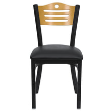 Load image into Gallery viewer, Black Slat Back Metal Restaurant Chair - Natural Wood Back, Black Vinyl Seat
