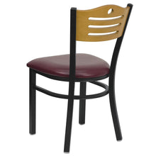 Load image into Gallery viewer, Black Slat Back Metal Restaurant Chair - Natural Wood Back, Burgundy Vinyl Seat
