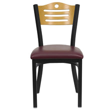 Load image into Gallery viewer, Black Slat Back Metal Restaurant Chair - Natural Wood Back, Burgundy Vinyl Seat
