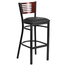 Load image into Gallery viewer, Black Slat Back Metal Restaurant Barstool - Mahogany Wood Back, Black Vinyl Seat
