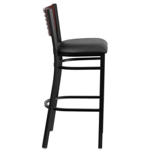 Load image into Gallery viewer, Black Slat Back Metal Restaurant Barstool - Mahogany Wood Back, Black Vinyl Seat
