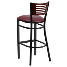 Load image into Gallery viewer, Back Metal Restaurant Barstool - Mahogany Wood Back, Burgundy Vinyl Seat
