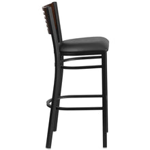 Load image into Gallery viewer, Black Slat Back Metal Restaurant Barstool - Walnut Wood Back, Black Vinyl Seat
