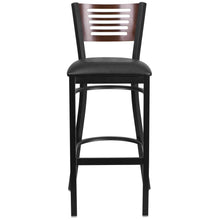 Load image into Gallery viewer, Black Slat Back Metal Restaurant Barstool - Walnut Wood Back, Black Vinyl Seat
