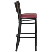 Load image into Gallery viewer, Back Metal Restaurant Barstool - Walnut Wood Back, Burgundy Vinyl Seat
