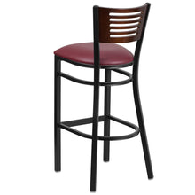 Load image into Gallery viewer, Back Metal Restaurant Barstool - Walnut Wood Back, Burgundy Vinyl Seat

