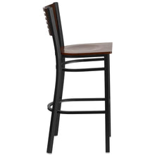 Load image into Gallery viewer, Black Slat Back Metal Restaurant Barstool - Walnut Wood Back &amp; Seat

