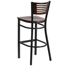 Load image into Gallery viewer, Black Slat Back Metal Restaurant Barstool - Walnut Wood Back &amp; Seat
