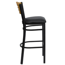 Load image into Gallery viewer, Black Slat Back Metal Restaurant Barstool - Natural Wood Back, Black Vinyl Seat
