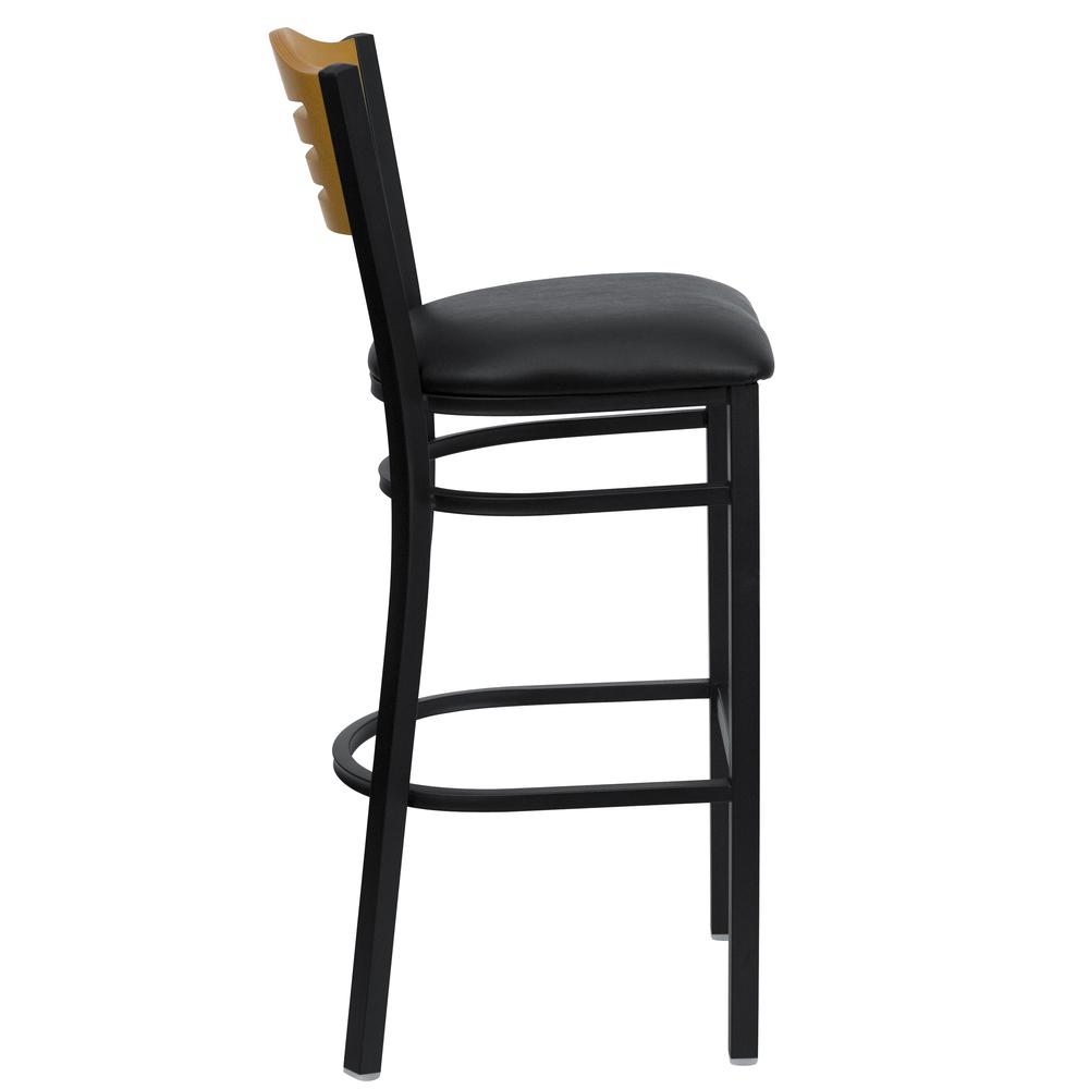 Black Slat Back Metal Restaurant Barstool - Natural Wood Back, Black Vinyl Seat