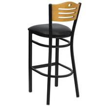 Load image into Gallery viewer, Black Slat Back Metal Restaurant Barstool - Natural Wood Back, Black Vinyl Seat

