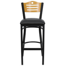 Load image into Gallery viewer, Black Slat Back Metal Restaurant Barstool - Natural Wood Back, Black Vinyl Seat
