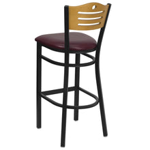 Load image into Gallery viewer, Back Metal Restaurant Barstool - Natural Wood Back, Burgundy Vinyl Seat
