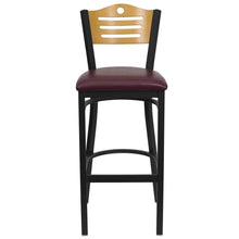 Load image into Gallery viewer, Back Metal Restaurant Barstool - Natural Wood Back, Burgundy Vinyl Seat
