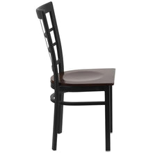 Load image into Gallery viewer, Black Window Back Metal Restaurant Chair - Walnut Wood Seat
