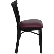Load image into Gallery viewer, Black Three-Slat Ladder Back Metal Restaurant Chair - Burgundy Vinyl Seat
