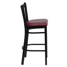 Load image into Gallery viewer, Black Vertical Back Metal Restaurant Barstool - Burgundy Vinyl Seat
