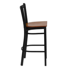 Load image into Gallery viewer, Black Vertical Back Metal Restaurant Barstool - Cherry Wood Seat
